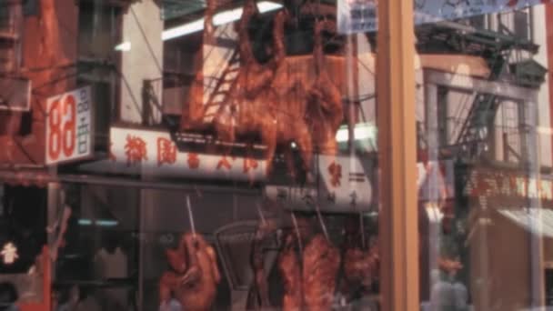 Close View Chinese Butcher Shop Window Suspended Plucked Chickens Bustling — Stock Video