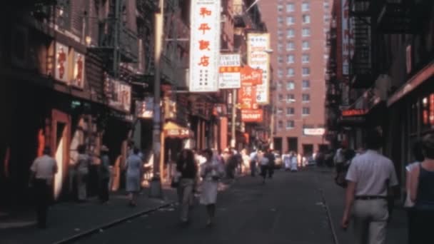 1970S China Town New York Pedestrians Strolling Car Free Street — Stock Video