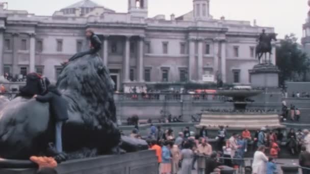 Folkmassa Vid Basen Nelson Column Trafalgar Square London Med Duvor — Stockvideo