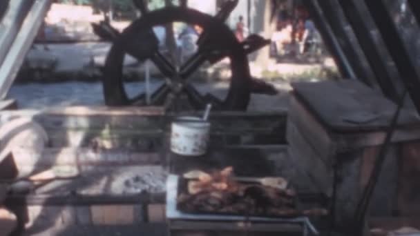 木磨的轮转被一条小河的水推挤着 肉在烤架上烹调 20世纪70年代的怀旧视频中的放松场景 波斯尼亚和黑塞哥维那前Jajce的Plivsko Jezero湖 — 图库视频影像