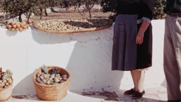 빈티지 1960 화창한 전통적인 의류에서 신선한 제품을 가족의 장면은 중간에 — 비디오