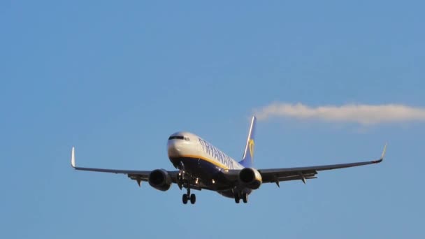 旅客ボーイング737 Max Dwx ライアンエアアイリッシュの低コスト航空会社 青空のスローモーションアップ カナリア島とヨーロッパ間の接続をクローズアップ — ストック動画