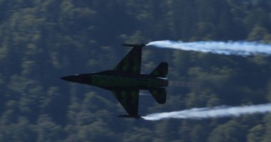 Mollis İsviçre 19 Ağustos 2023: Combat Uçak Yeşil Orman 'da Yüksek Hızda Yükseliyor. Uzayı kopyala General Dynamics F-16 Belçika Hava Kuvvetleri Viper Demo 'sunun Savaşan Şahini
