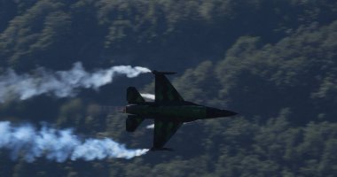 Mollis İsviçre 19 Ağustos 2023: Combat Uçak Yeşil Orman 'da Yüksek Hızda Yükseliyor. Uzayı kopyala General Dynamics F-16 Belçika Hava Kuvvetleri Viper Demo 'sunun Savaşan Şahini