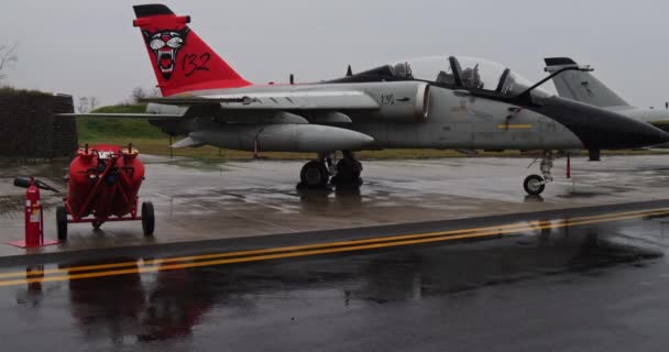 意大利伊斯特拉纳 2023年12月13日 意大利空军轻型攻击机的双座Amx Ghibli型飞机停放在雨中 它的倒影在潮湿的地面上 侧角可见 准备起飞 — 图库视频影像