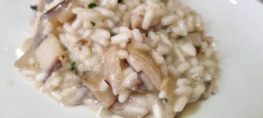 Beyaz tabakta servis edilen lezzetli ev yapımı kremalı mantarlı risotto manzarası.