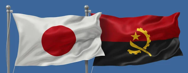 Japan flag and Angola flags on a blue sky background, banner 3D Illustration