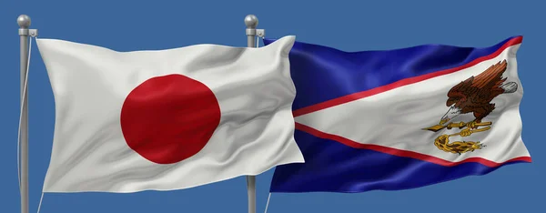 Japan flag and American Samoa flags on a blue sky background, banner 3D Illustration