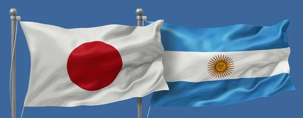 Japan flag and Argentina flags on a blue sky background, banner 3D Illustration