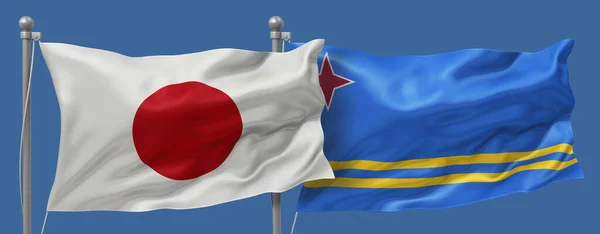 Japan flag and Aruba flags on a blue sky background, banner 3D Illustration