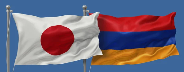 Japan flag and Armenia flags on a blue sky background, banner 3D Illustration