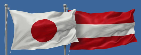 Japan flag and Austria flags on a blue sky background, banner 3D Illustration