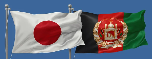Japan flag and Afghanistan flags on a blue sky background, banner 3D Illustration