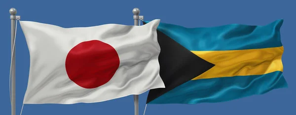 Japan flag and Bahamas flags on a blue sky background, banner 3D Illustration