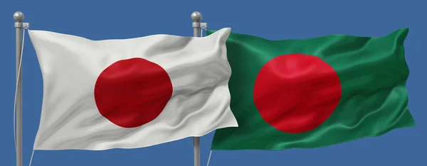 Japan flag and Bangladesh flags on a blue sky background, banner 3D Illustration