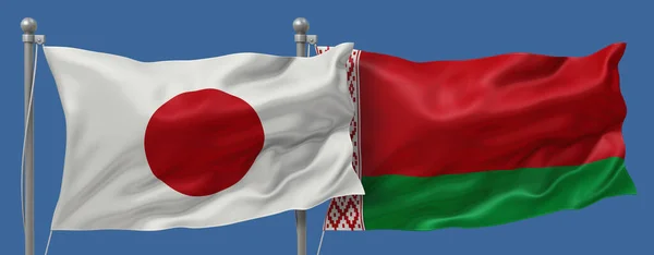 Japan flag and Belarus flags on a blue sky background, banner 3D Illustration