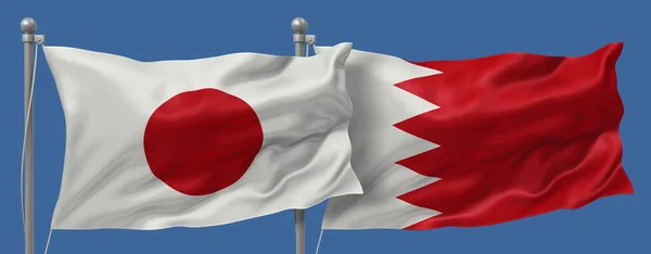 Japan flag and Bahrain flags on a blue sky background, banner 3D Illustration
