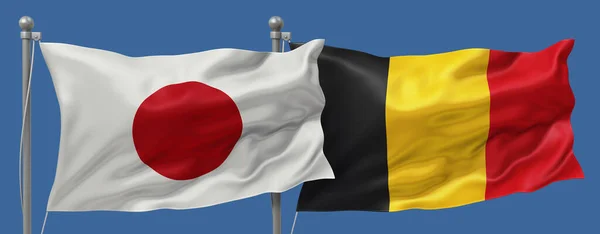 Japan flag and Belgium flags on a blue sky background, banner 3D Illustration