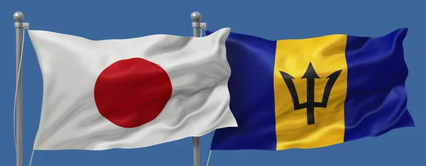 Japan flag and Barbados flags on a blue sky background, banner 3D Illustration