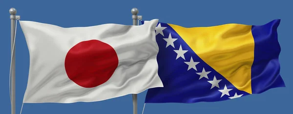 Japan flag and Bosnia and Herzegovina flags on a blue sky background, banner 3D Illustration