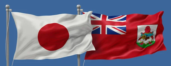 Japan flag and Bermuda flags on a blue sky background, banner 3D Illustration