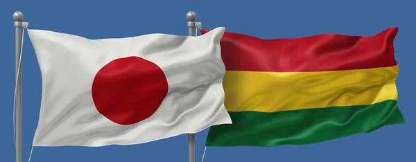 Japan flag and Bolivia Bolivia flags on a blue sky background, banner 3D Illustration
