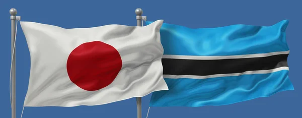 Japan flag and Botswana flags on a blue sky background, banner 3D Illustration