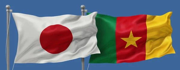 Japan flag and Cameroon flags on a blue sky background, banner 3D Illustration