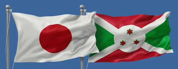 Japan flag and Burundi flags on a blue sky background, banner 3D Illustration