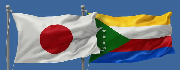 Japan flag and Comoros flags on a blue sky background, banner 3D Illustration