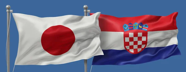 Japan flag and Croatia flags on a blue sky background, banner 3D Illustration