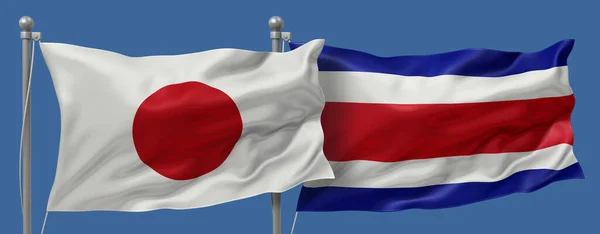 Japan flag and Costa Rica flags on a blue sky background, banner 3D Illustration