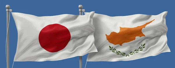 Japan flag and Cyprus flags on a blue sky background, banner 3D Illustration