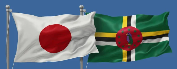Japan flag and Dominica flags on a blue sky background, banner 3D Illustration