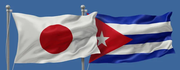 Japan flag and Cuba flags on a blue sky background, banner 3D Illustration