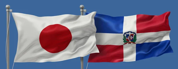 Japan flag and Dominican Republic flags on a blue sky background, banner 3D Illustration