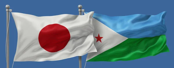 Japan flag and Djibouti flags on a blue sky background, banner 3D Illustration