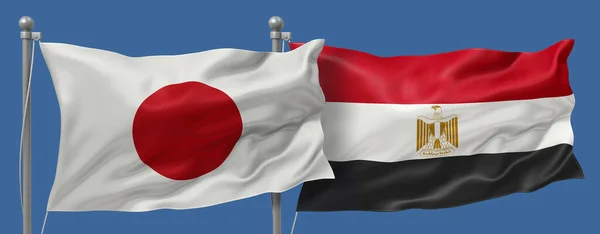 Japan flag and Egypt flags on a blue sky background, banner 3D Illustration