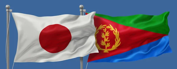 Japan flag and Eritrea flags on a blue sky background, banner 3D Illustration