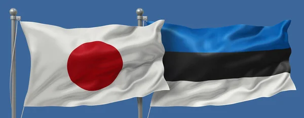 Japan flag and Estonia flags on a blue sky background, banner 3D Illustration