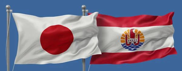 Japan flag and French Polynesia flags on a blue sky background, banner 3D Illustration