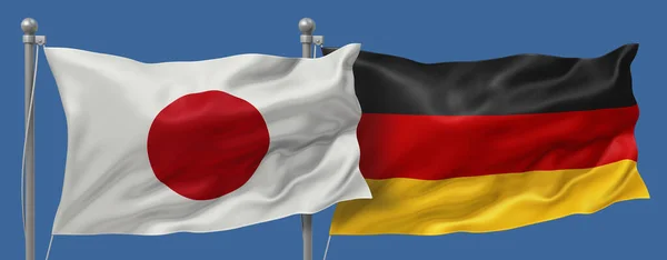 Japan flag and Germany flags on a blue sky background, banner 3D Illustration
