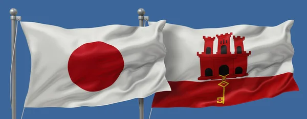 Japan flag and Gibraltar flags on a blue sky background, banner 3D Illustration
