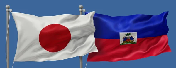 Japan flag and Haiti flags on a blue sky background, banner 3D Illustration