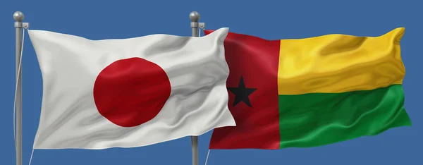 Japan flag and Guinea-Bissau flags on a blue sky background, banner 3D Illustration