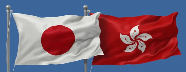 Japan flag and Hong Kong flags on a blue sky background, banner 3D Illustration