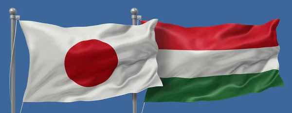 Japan flag and Hungary flags on a blue sky background, banner 3D Illustration