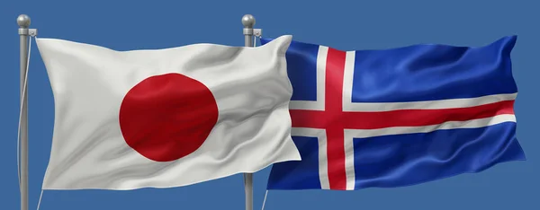Japan flag and Iceland flags on a blue sky background, banner 3D Illustration