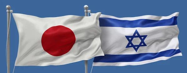 Japan flag and Israel flags on a blue sky background, banner 3D Illustration
