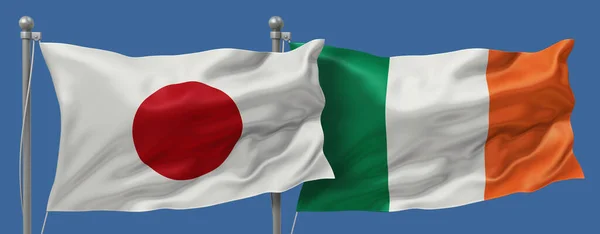 Japan flag and Ireland Ireland flags on a blue sky background, banner 3D Illustration